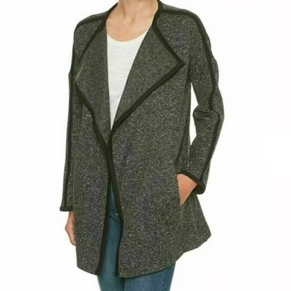 Banana Republic Sz L heather gray open cardigan black trim cascade front Sz L‎